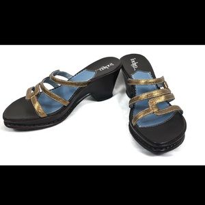 Clark's Bronze strap Wedge Mules!